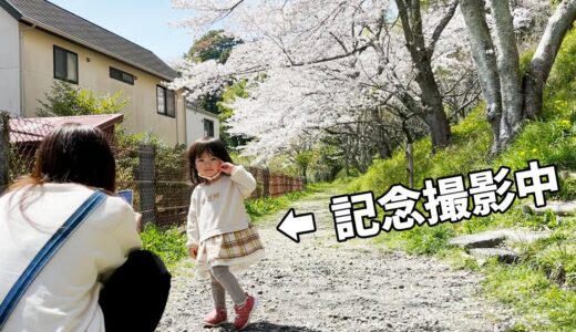 桜舞い散る公園を家族散歩